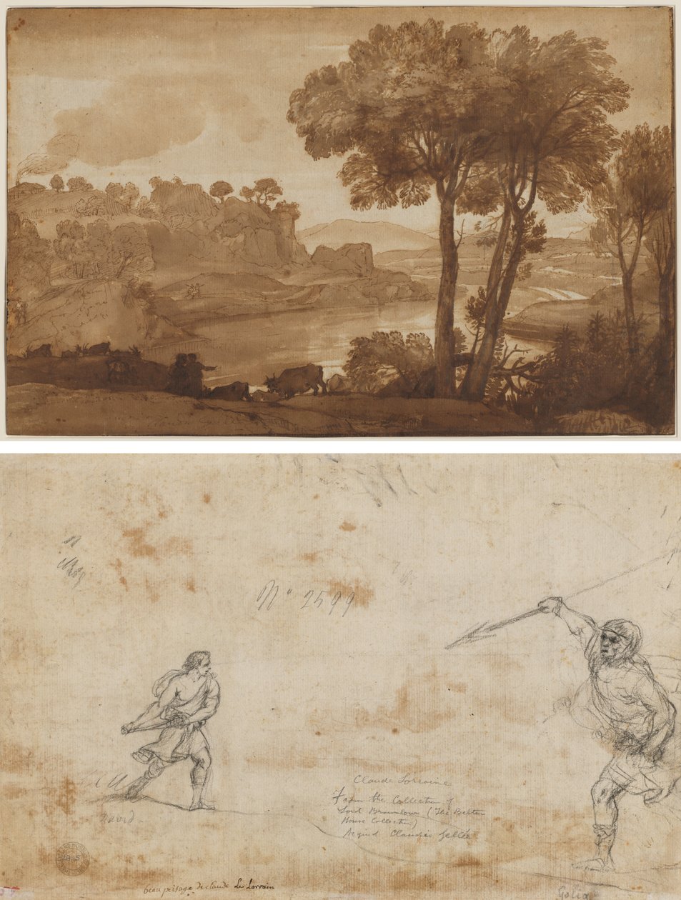Udsigt over Acqua Acetosa (recto); David og Goliat (verso) af Claude Lorrain