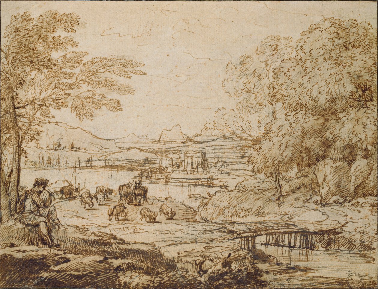 Ungdom, der spiller et rør i et pastoralt landskab, c1640