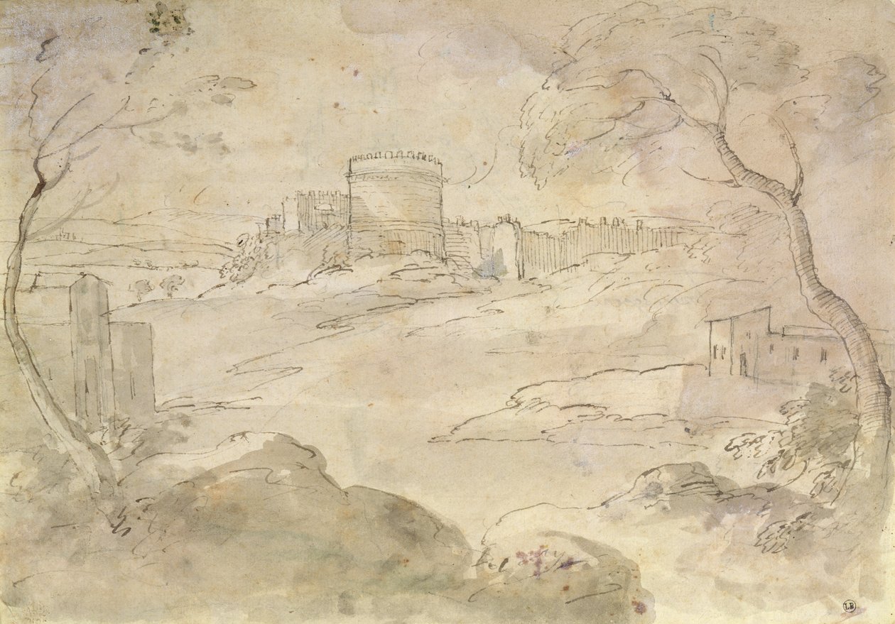 Landskab med en befæstet by (blæk og vask på papir) af Claude Lorrain