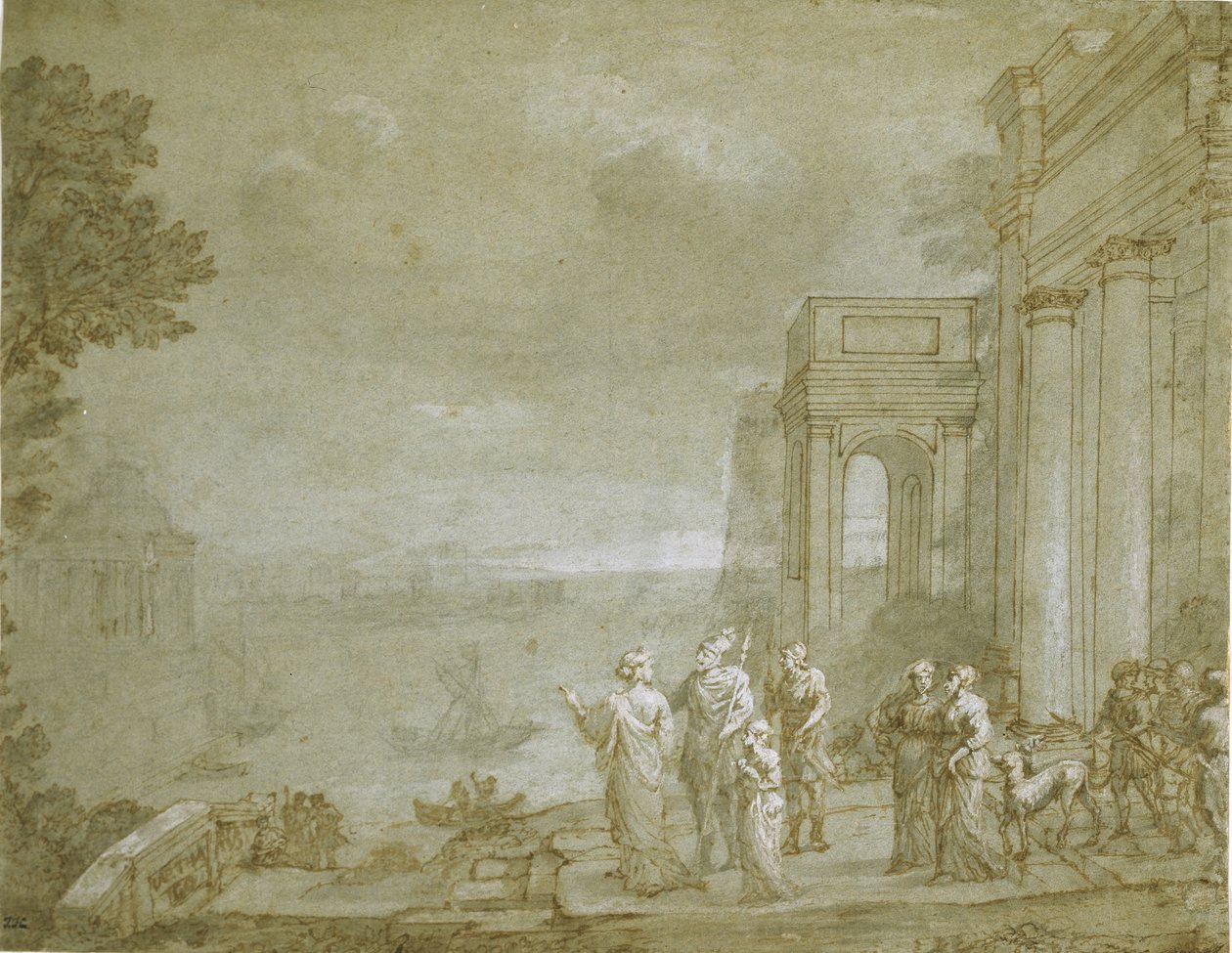 Udsigt over Karthago med Dido og Aeneas, 1676 (pen og blæk med vask og kridt, forhøjet med hvidt på papir) af Claude Lorrain