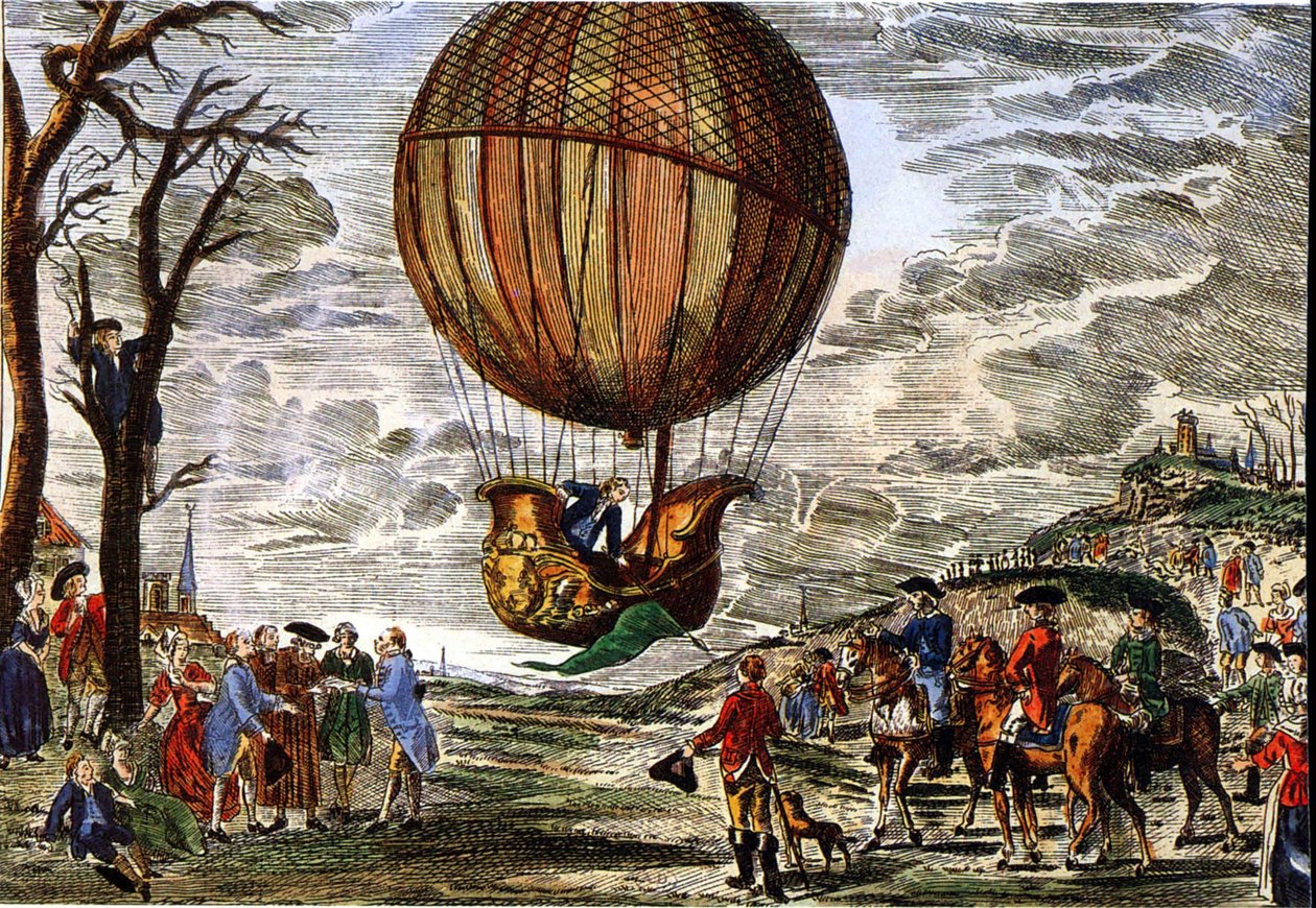 Flyvning af en luftballon under udseende af hertugen af Chartres i 1783, gravering af Claude Louis (after) Desrais