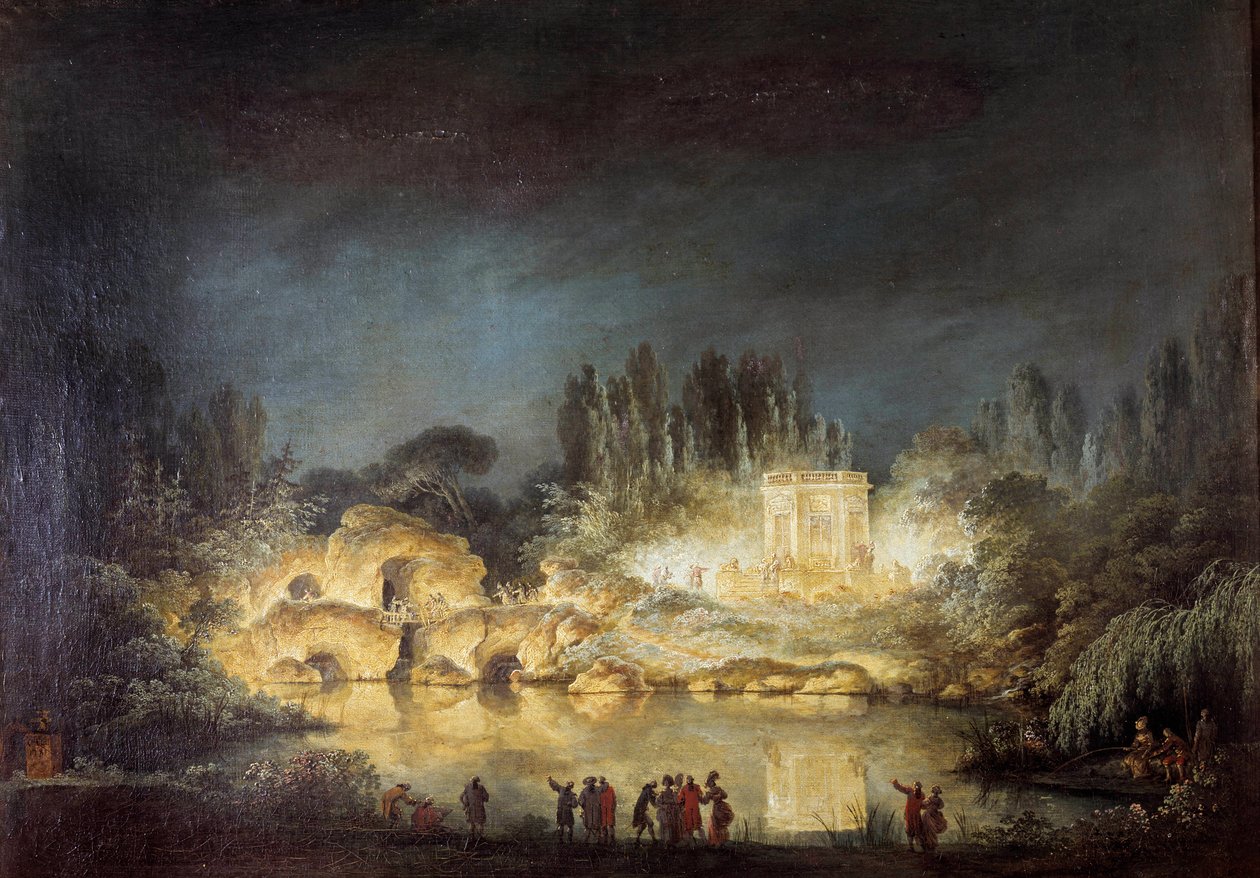 Belysning af Belvedere-pavillonen i haverne ved Peer Trianon i Versailles under festen givet af dronning Marie Antoinette til ære for hendes bror Joseph II (1741-1790) i august 1781. Maleri af Claude Louis Chatelet (1753-1794) af Claude Louis Chatelet
