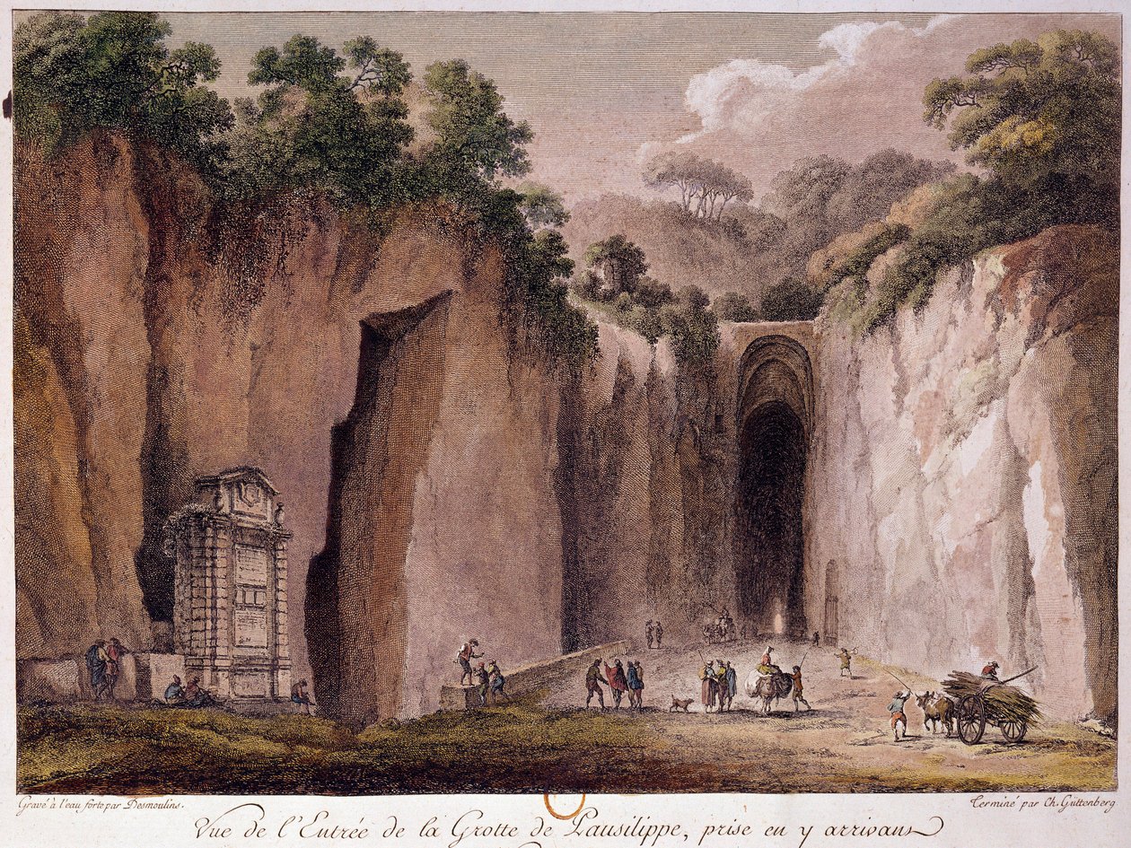 Udsigt over Pausilippes grotte (Posillipo) (eller "Grotta Vecchia"), nær Napoli. tegning af Chatelet. af Claude Louis Chatelet