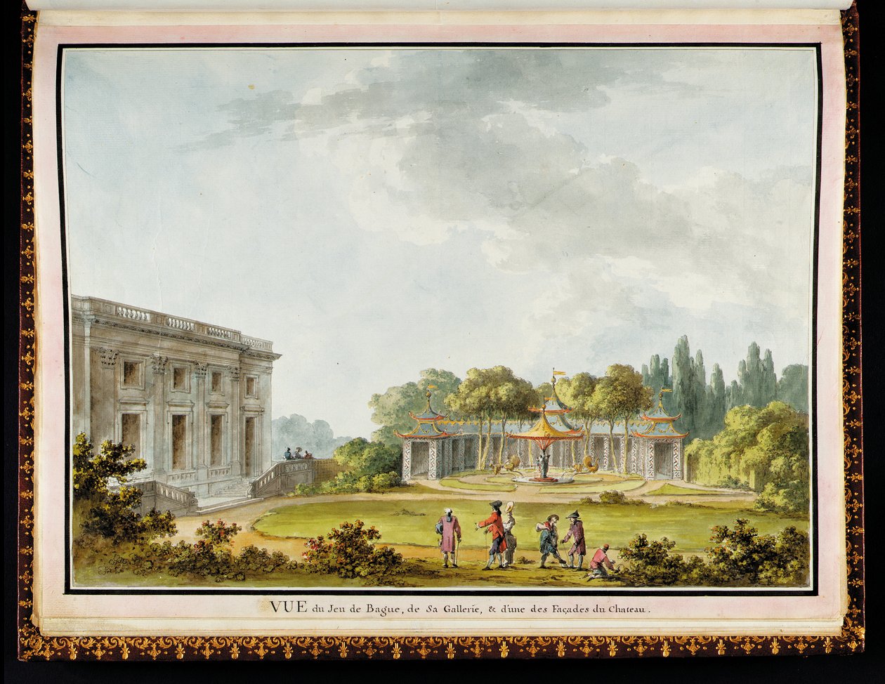 "Vue de Jeu de Bague, de Sa Gallerie, & d"une des Façades du Chateau", fra The Queen