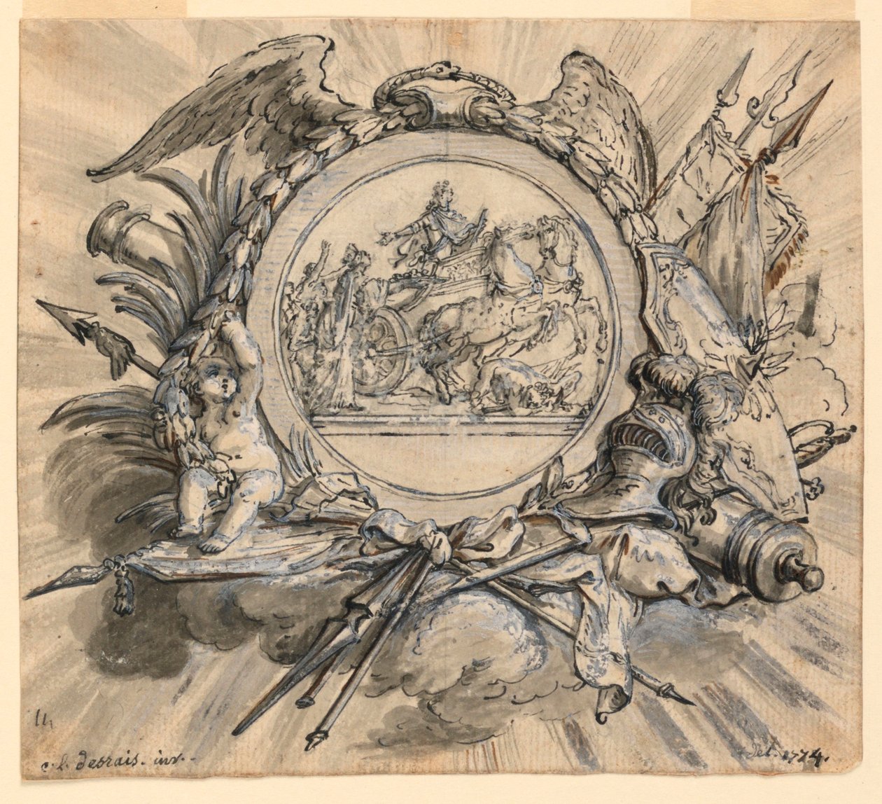 Cartouche med tilskrivninger af krig af Claude Louis Desrais
