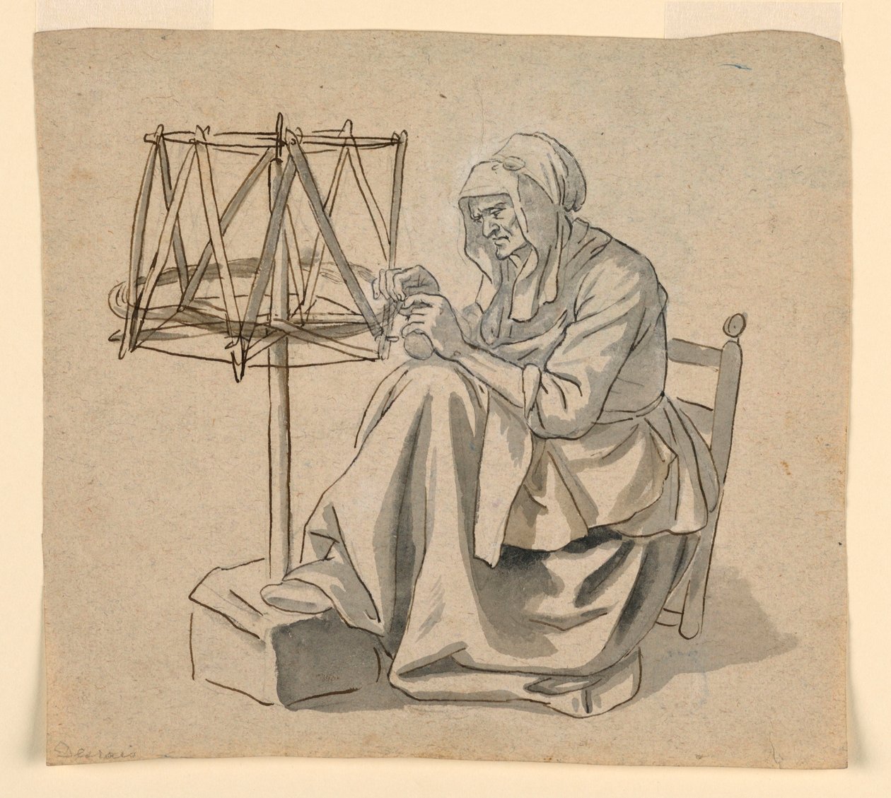 Tegning, En gammel kvinde, der spinder, 1810-30 af Claude Louis Desrais