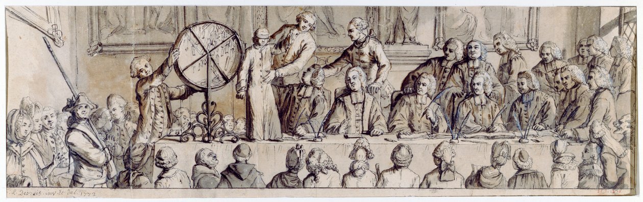 Udtrækning af lotteriet på Hotel de Ville, 1772 (pen, blæk og vask) af Claude Louis Desrais