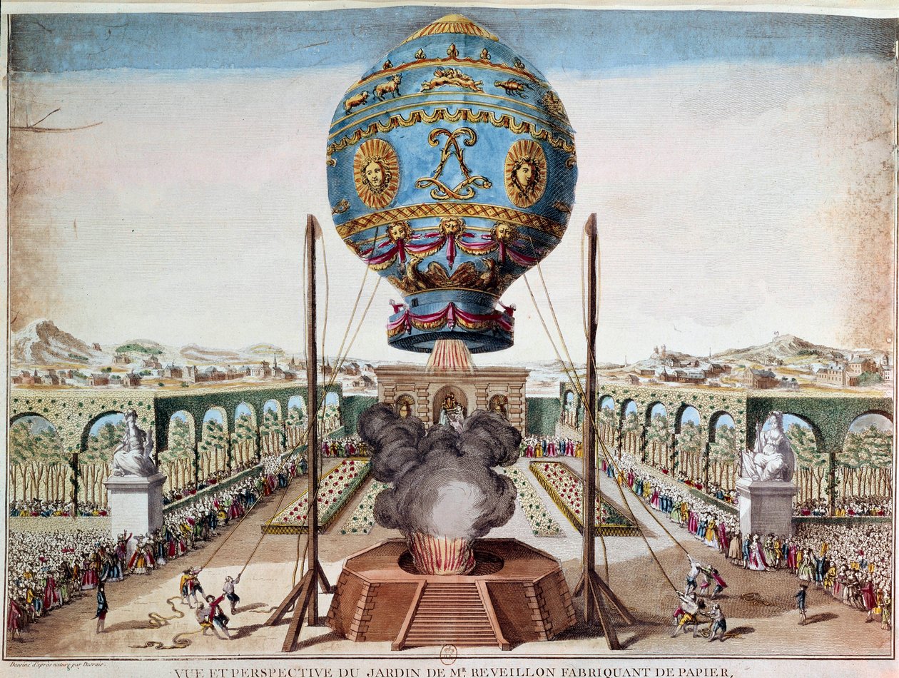 Montgolfiere-brødrenes oplevelse den 19. oktober 1783 i Monsieur Reveillons have, faubourg Saint Antoine i Paris. Gravering af Desrais Claude Louis Desrais (1746-1816) af Claude Louis Desrais