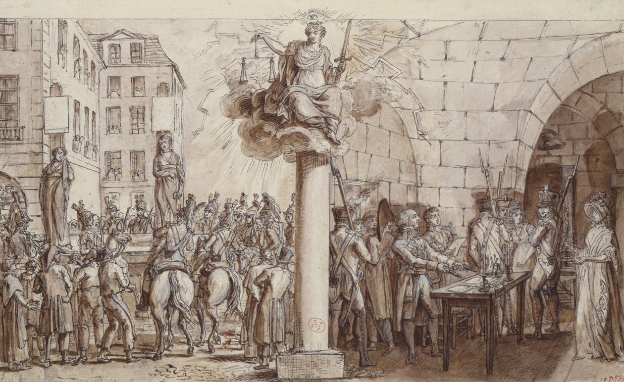 Enken Morin og hendes datter Angelique Delaporte på Conciergerie og straffet med at blive lænket offentligt for forbrydelsen afpresning med vold af underskrifter, 1812 (pen, blæk & vask på pap af Claude Louis Desrais