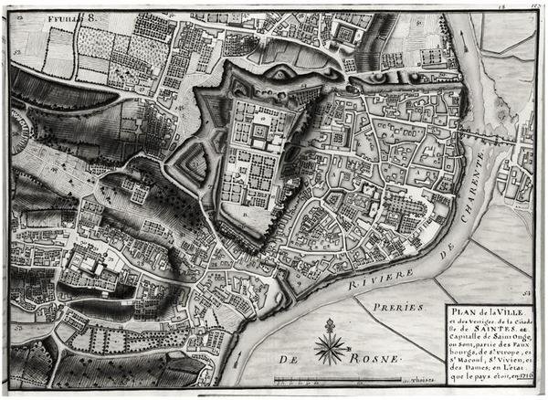 Atlas 131 F fol.8 Kort over Saintes, hovedstaden i Saintonge, fra Recueil des Plans de Saintonge, 1716 (pen & blæk og wc på papir) af Claude Masse