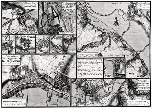 Fol.7 & 98 Kort over byerne og slottene langs Charente-floden i 1714, fra Recueil des Plans de Saintonge (pen & blæk og wc på papir) af Claude Masse