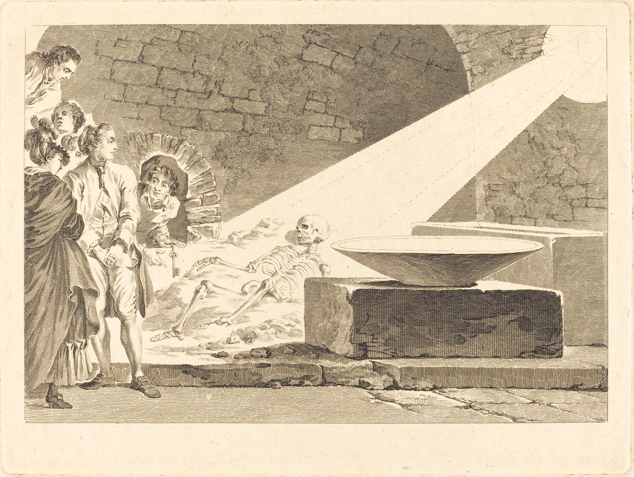 Fragonard og Bergeret med deres koner på besøg i en grav i Pompeji af Claude Mathieu Fessard after Jean Honoré Fragonard