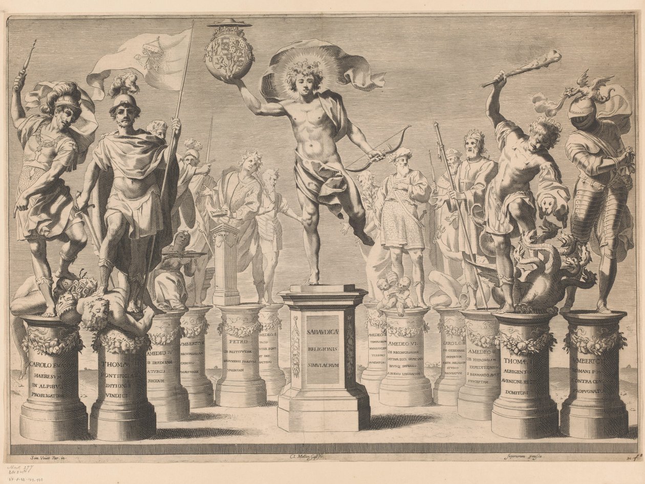 Allegori til ære for House of Savoy med legendariske figurer på piedestaler af Claude Mellan