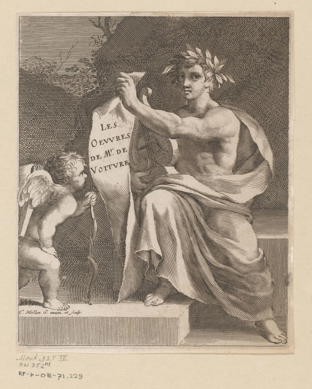 Apollo en en amor The Works of Mr. de Voiture (titel på objekt) Titelside for: Vincent de Voiture, The Works of Vincent de Voiture, 1650 af Claude Mellan