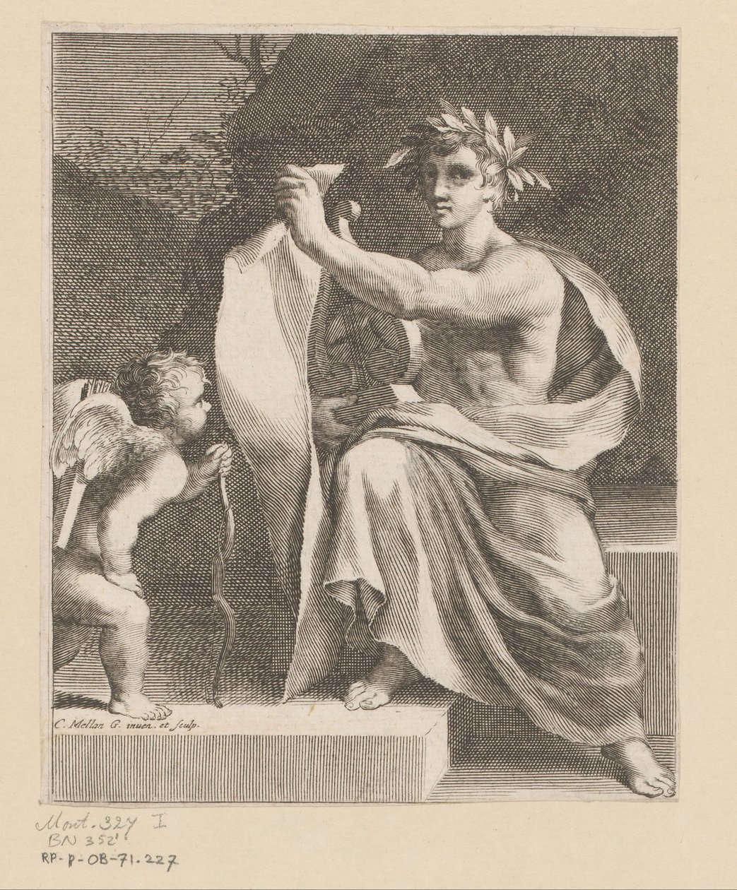 Apollo sætter en amor Titelside for: Eremiten François Tristan Sieur du Soliers, The Loves of Tristan, 1638 af Claude Mellan