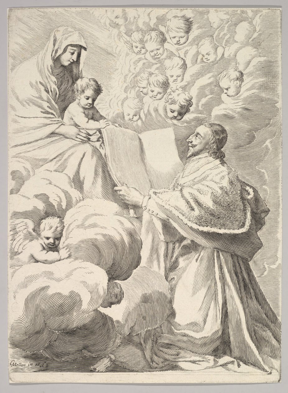 Kardinal Richelieu, Knælende, præsenterer sin bog til jomfruen og barnet, ca. 1646. af Claude Mellan