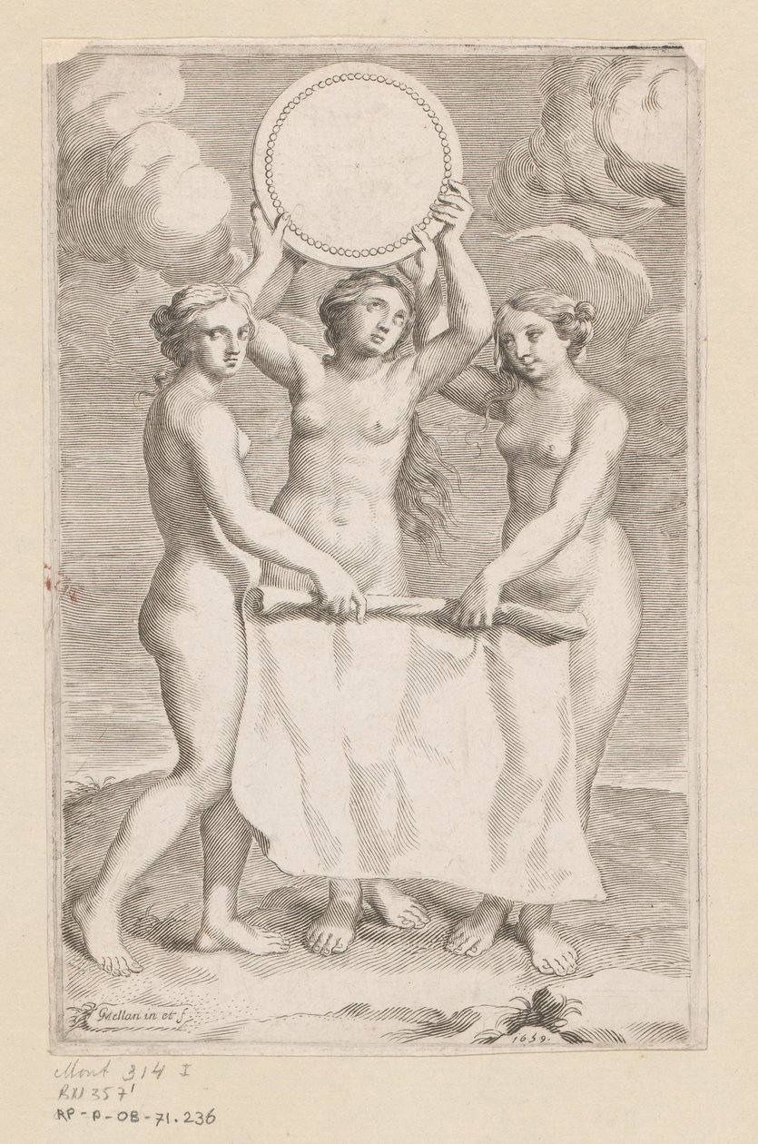 Tre Gracer med en medaljon Titelside for: Balthazar de Vias, Charitum libri tres, 1660 af Claude Mellan