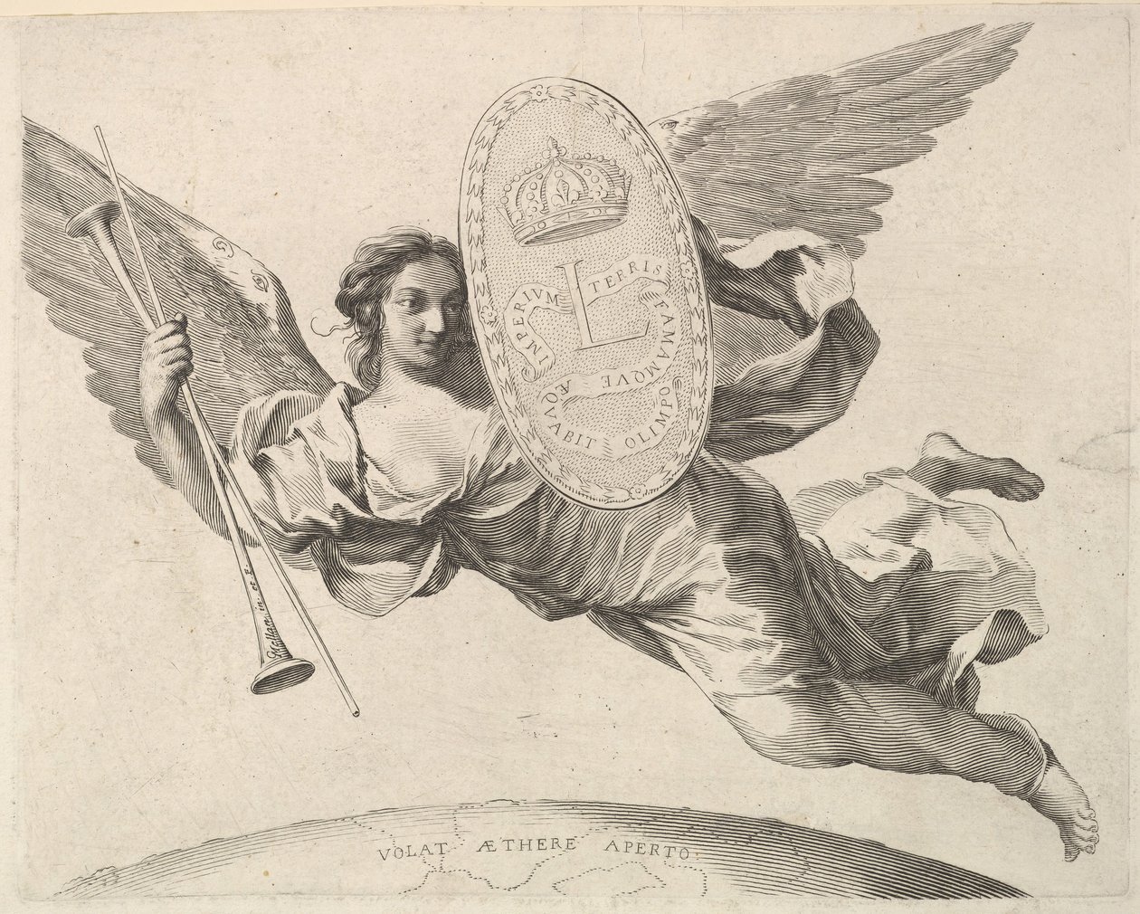 Berømmelse bærer et skjold med initialen af Louis XIV La Renommée volant. af Claude Mellan