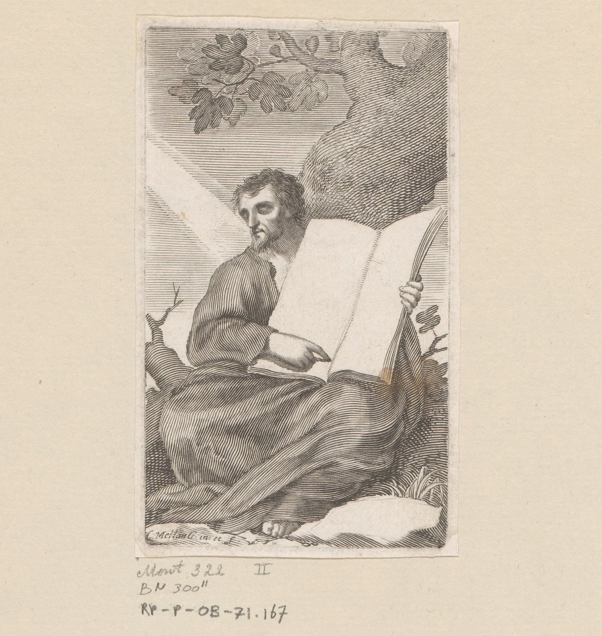 Sankt Augustin sidder ved foden af ​​et træ Titelside for: Les Confessions de Saint Augustin, 1639 af Claude Mellan