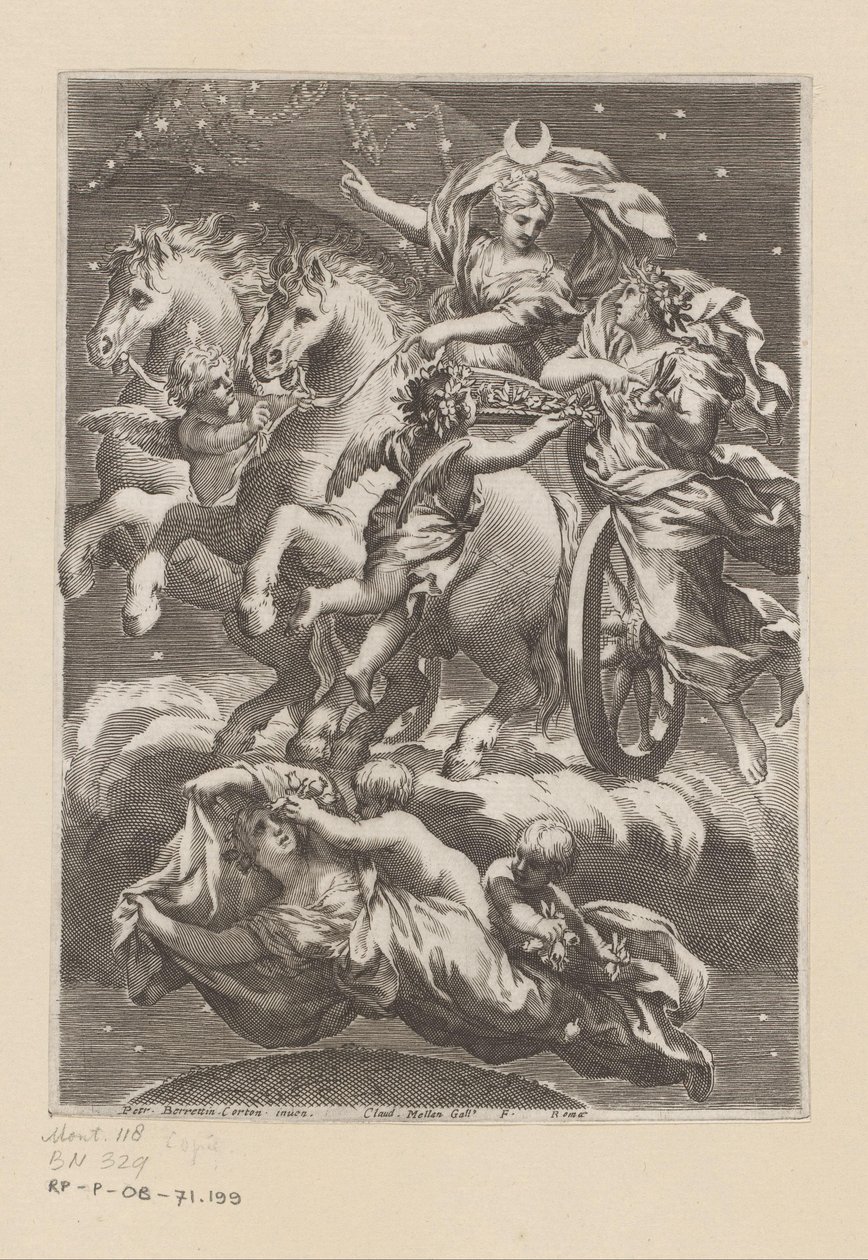 Personificering af månen på hendes vogn Titelside for: Giovanni Battista Ferrari, De Florum cultura libri IV, 1633 af Claude Mellan