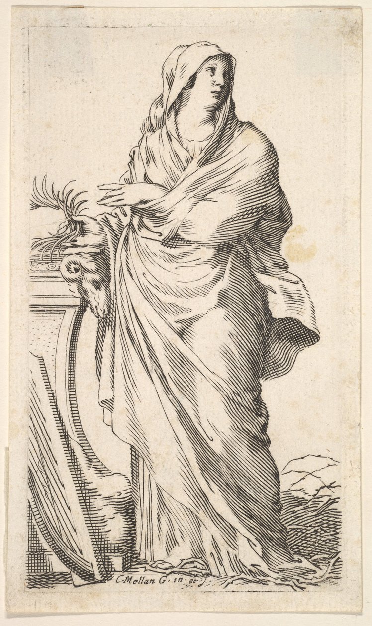 Klædt kvinde stående ved siden af en sokkel, hendes højre hånd bærer en palmegren, en harpe r..., ca. 1620-88. af Claude Mellan