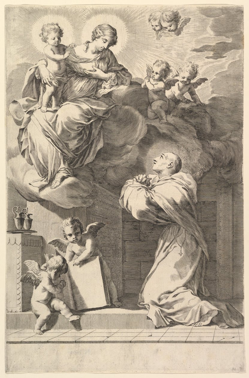 Sankt Bernard knæler foran jomfruen og barnet, 1640. af Claude Mellan