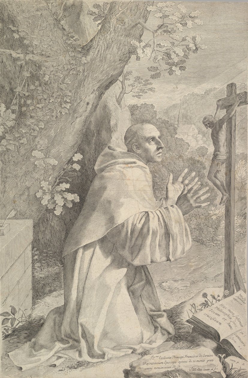 St. Bernard knæler foran et krucifiks, ca. 1655. af Claude Mellan