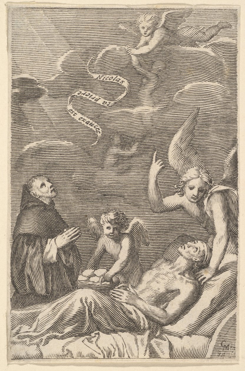 St. Nicolas beder for en døende mand. af Claude Mellan