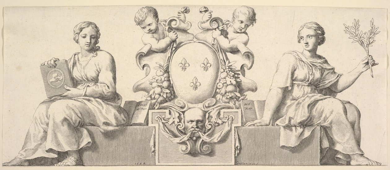 Frankrigs våben ledsaget af personifikationer af lov og god tro, 1664. af Claude Mellan