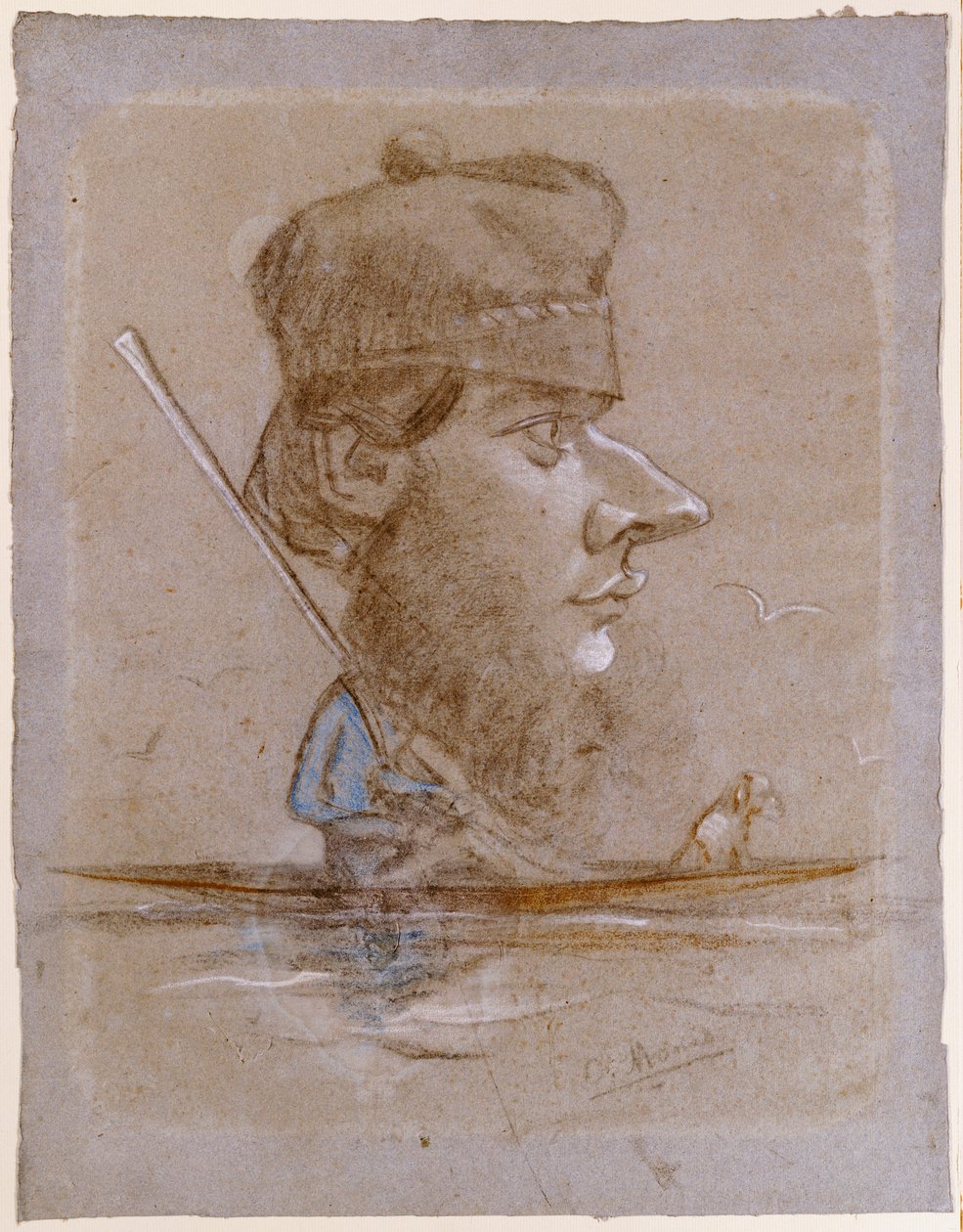 En jæger og hans hund på en båd, ca. 1858-59 af Claude Monet