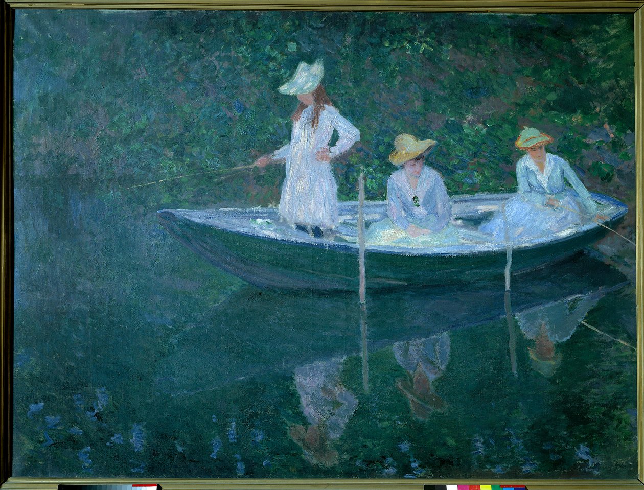 Båd i Giverny eller på norsk. Døtrene af Madame Hoschede, kunstnerens anden hustru, Germaine, Suzanne og Blanche, ca. 1887. Maleri af Claude Monet (1840-1926), Olie på lærred (0,98 x1,31 cm). Musee d