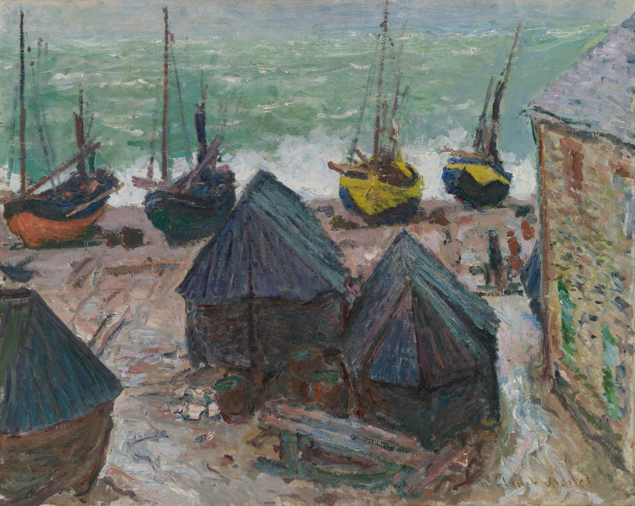 Både på stranden ved Étretat af Claude Monet