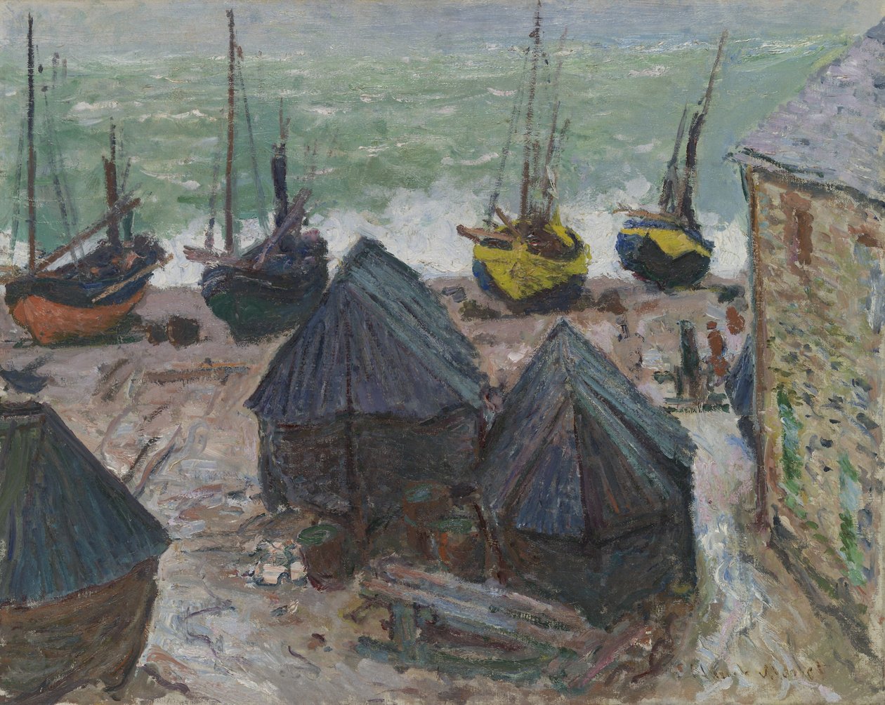 Både på stranden ved Étretat af Claude Monet