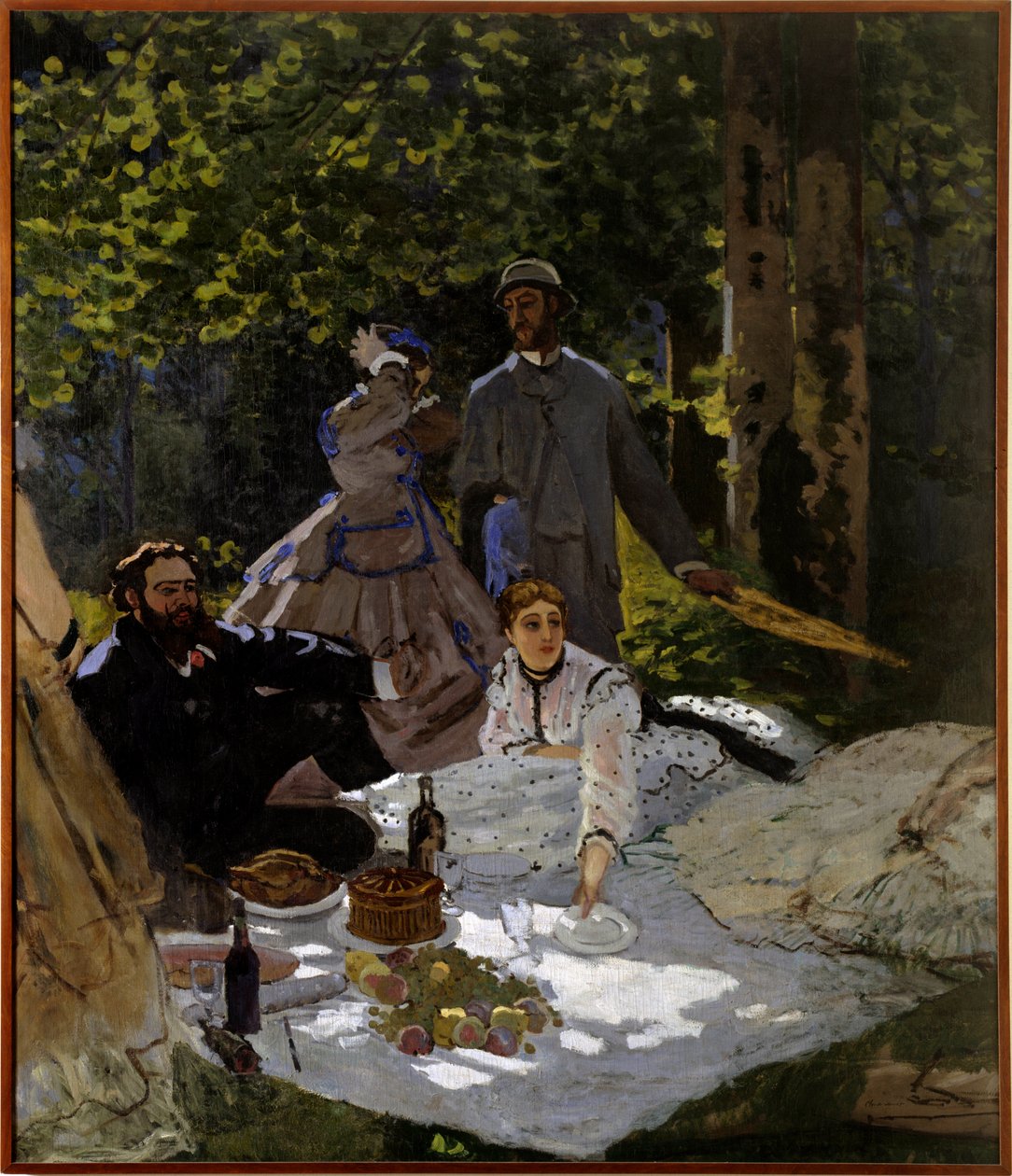 Morgenmad på græs Fragment. Venstre del. Højre side: repræsentation fra venstre mod højre af Gustave Courbet, Camille Doncieux og Frederic Bazille (stående i midten). Maleri af Claude Monet (1840-1926) 1865-1866 søn. 2,48x2,17 m Paris, musee d