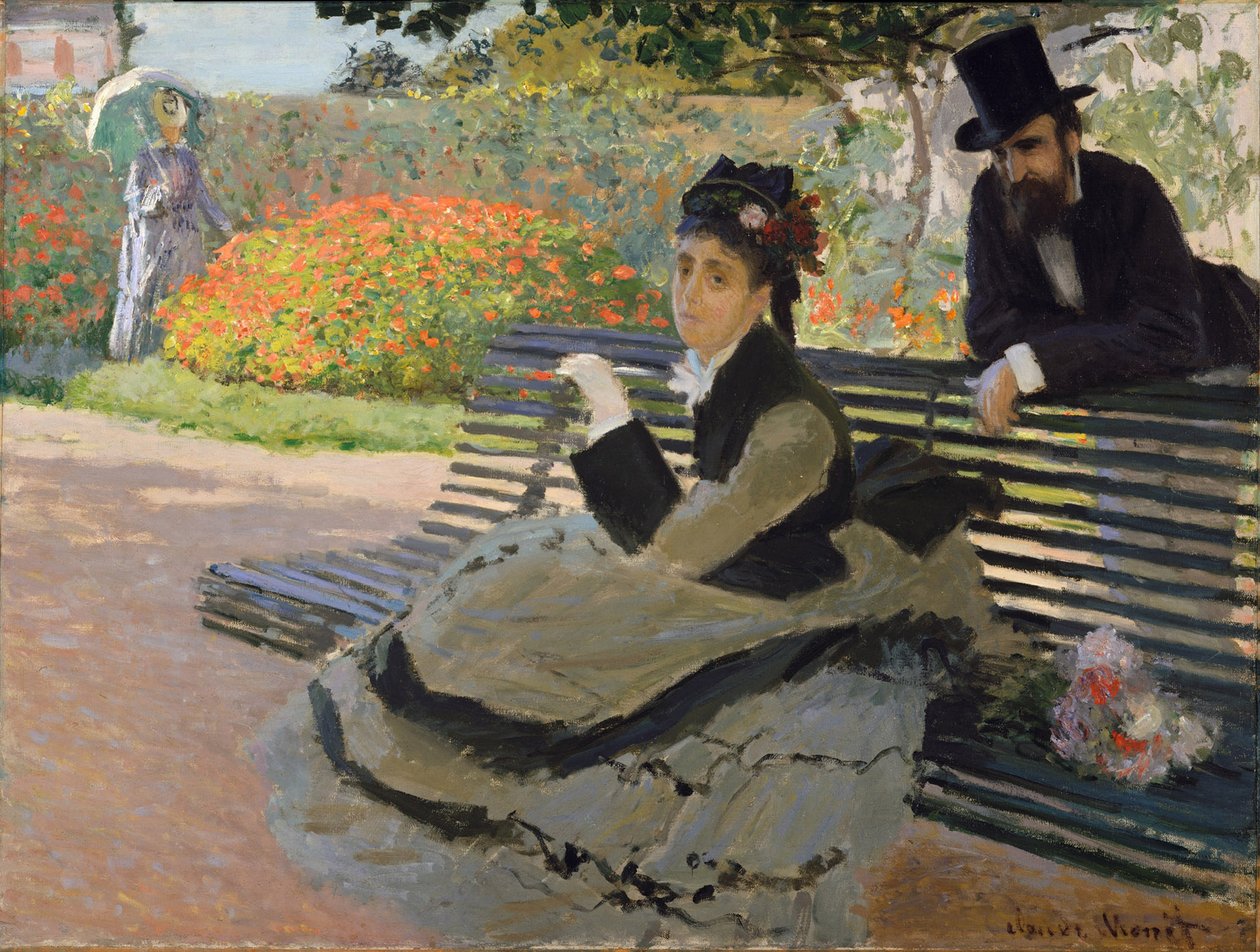 Camille Monet på en havebænk af Claude Monet