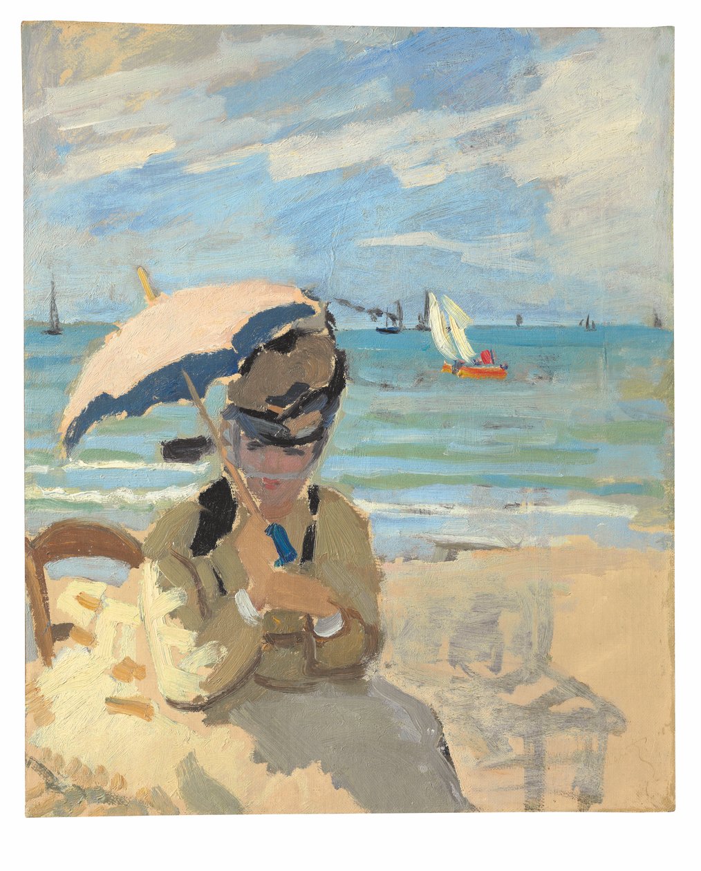 Camille sidder på stranden ved Trouville af Claude Monet