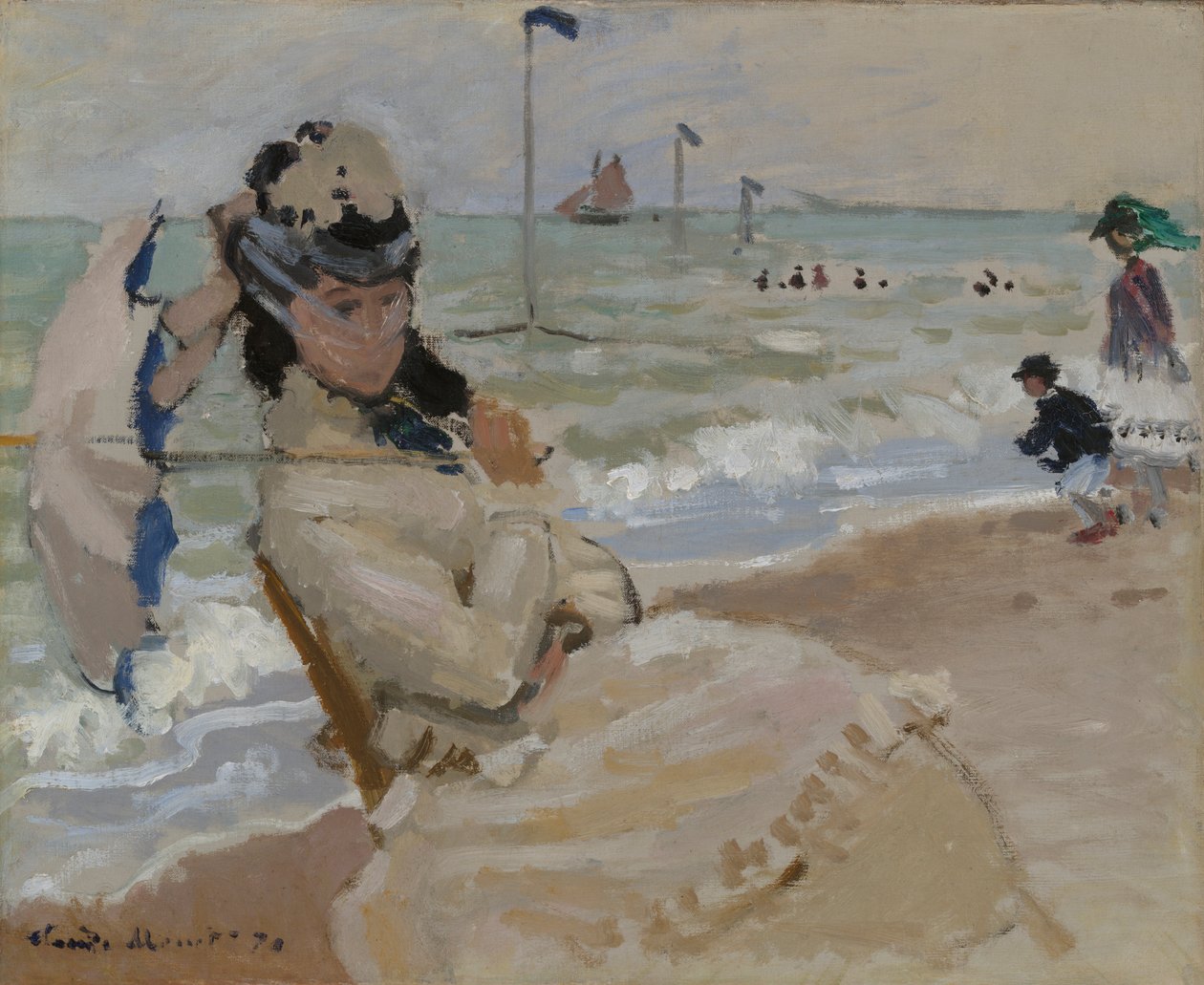 Camille på stranden i Trouville af Claude Monet