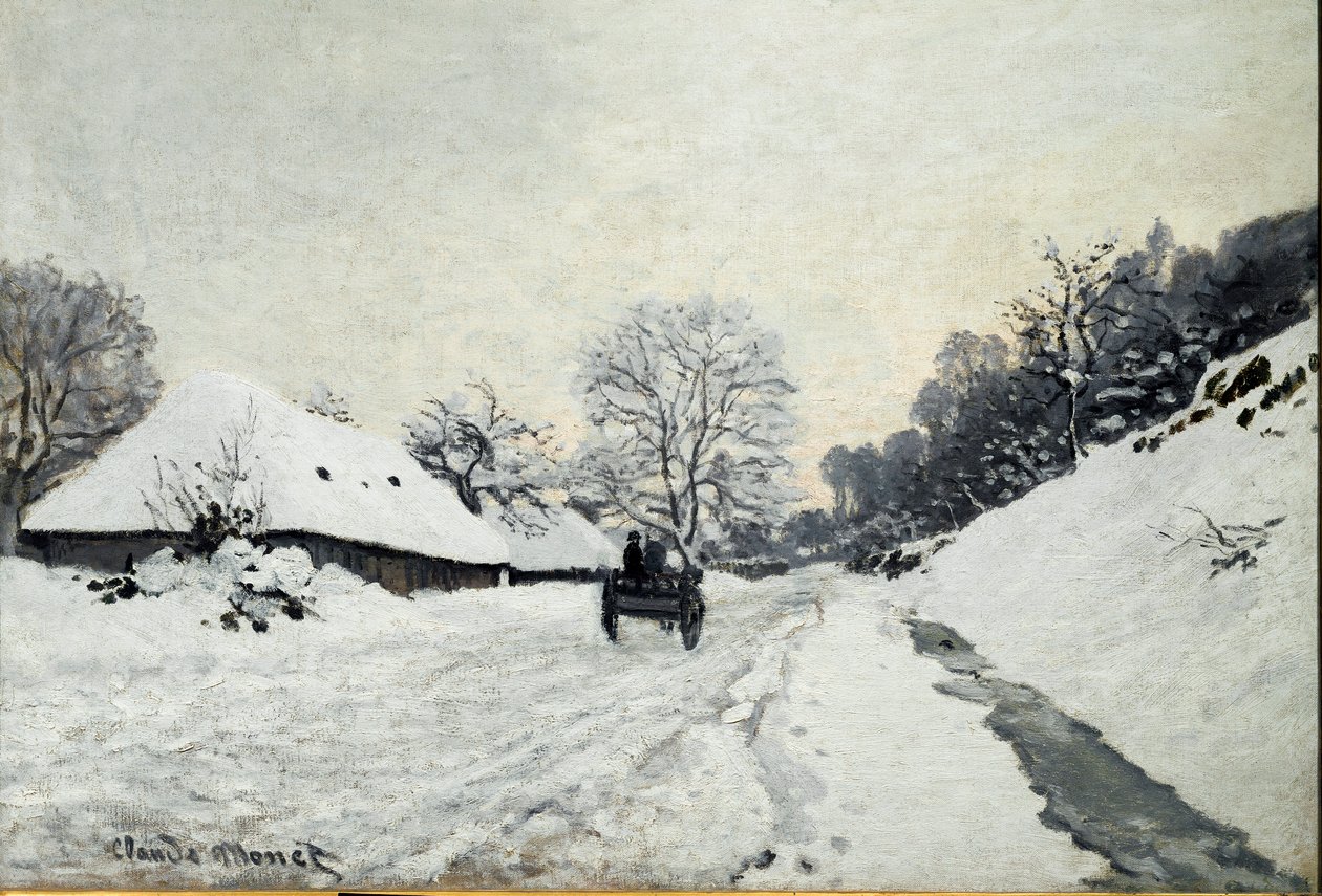 Vogn, vej under sne i Honfleur (olie på lærred af Claude Monet