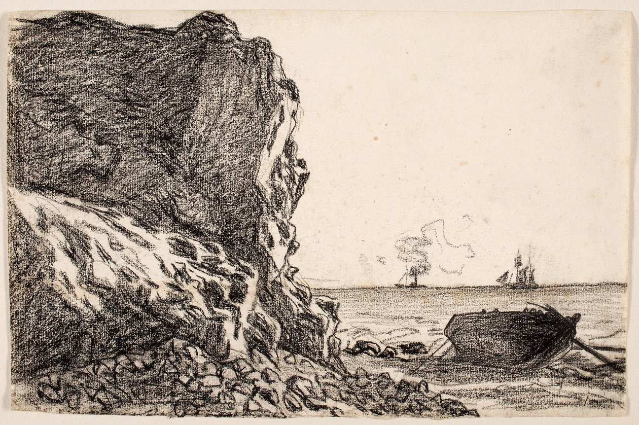 Cliffs and Sea, Sainte-Adresse, ca. 1864 (sort kridt på elfenbenspålagt papir) af Claude Monet