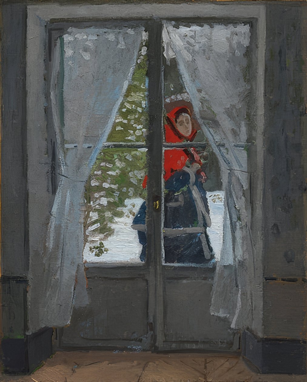 Det røde tørklæde (La capeline rouge). Omkring 1868-73 af Claude Monet