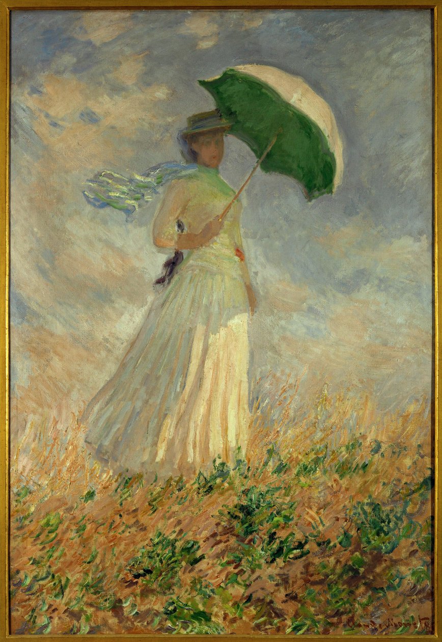 Kvinde med paraply drejer til højre ... (olie på lærred) af Claude Monet