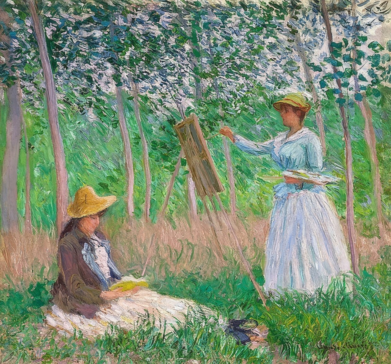 I Givernys have: Blanche Hoschedé ved staffeliet og Suzanne Hoschedé læser. 1887 af Claude Monet