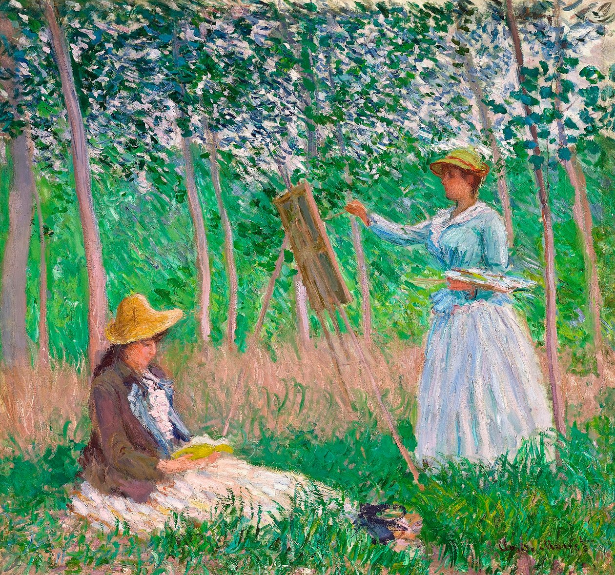 I skoven ved Giverny: Blanche Hoschedé ved sit staffeli med Suzanne Hoschedé Reading, 1887 af Claude Monet