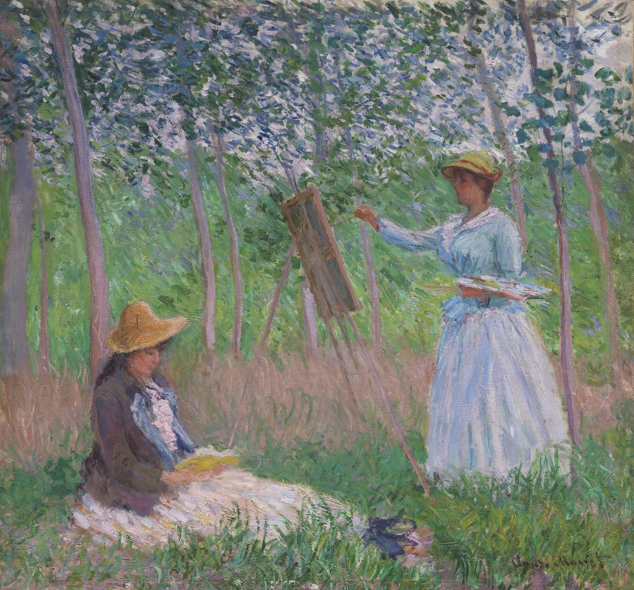 I skoven ved Giverny: Blanche Hoschedé ved sit staffeli, mens Suzanne Hoschedé læser af Claude Monet