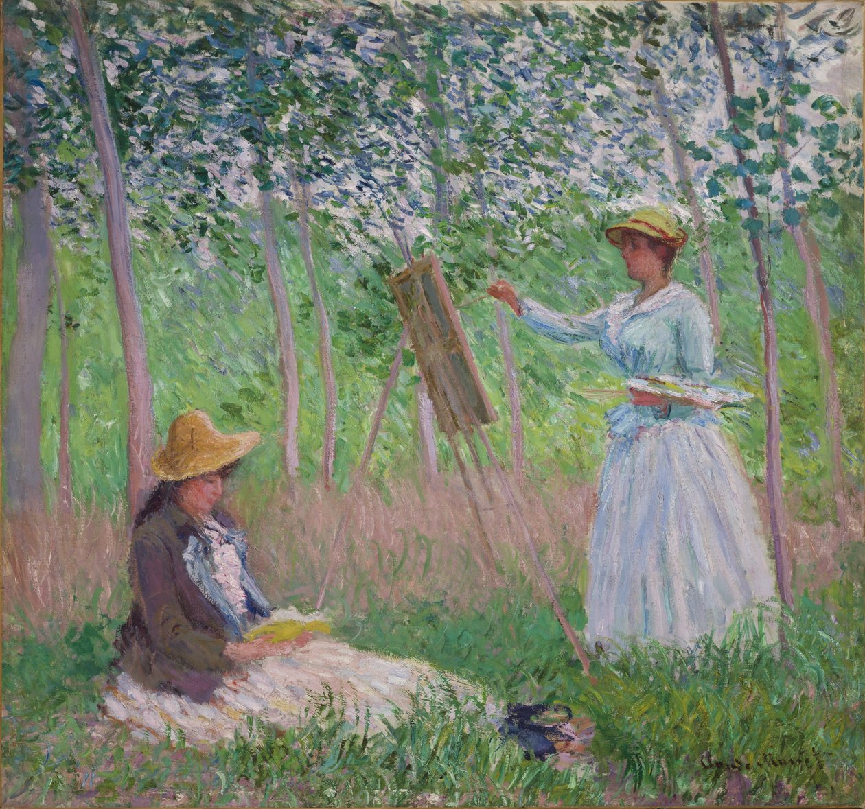 In the Woods at Giverny: Blanche Hoschede ved sit staffeli med Suzanne Hoschede-læsning, 1887 af Claude Monet