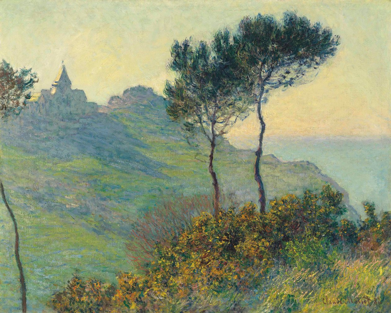 Kirken i Varengeville, solnedgang af Claude Monet