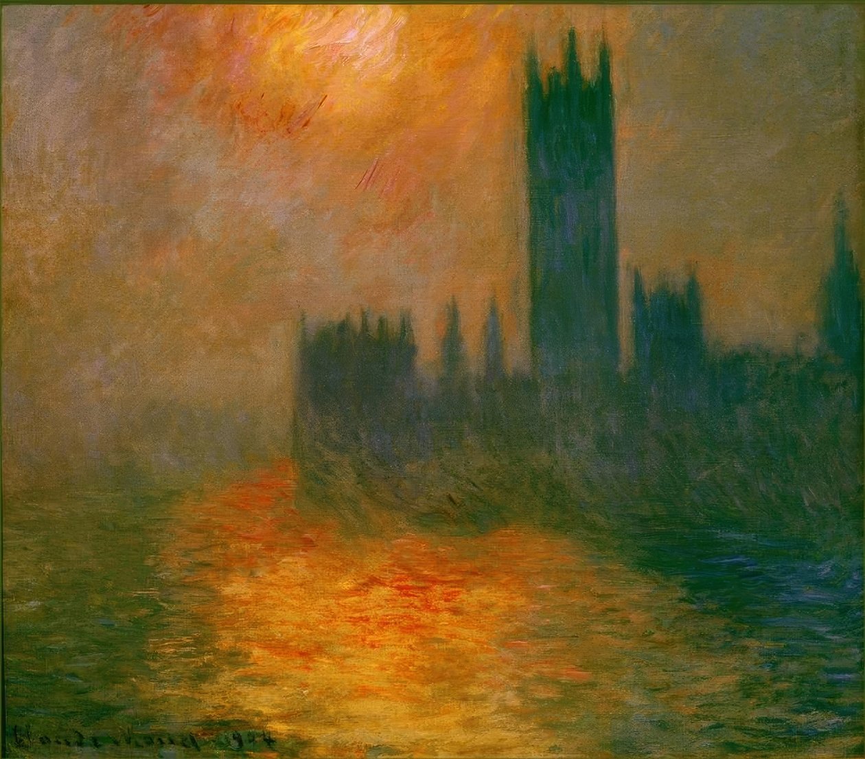 Parlamentet, solnedgang (Das Parlament, Sonnenunter af Claude Monet