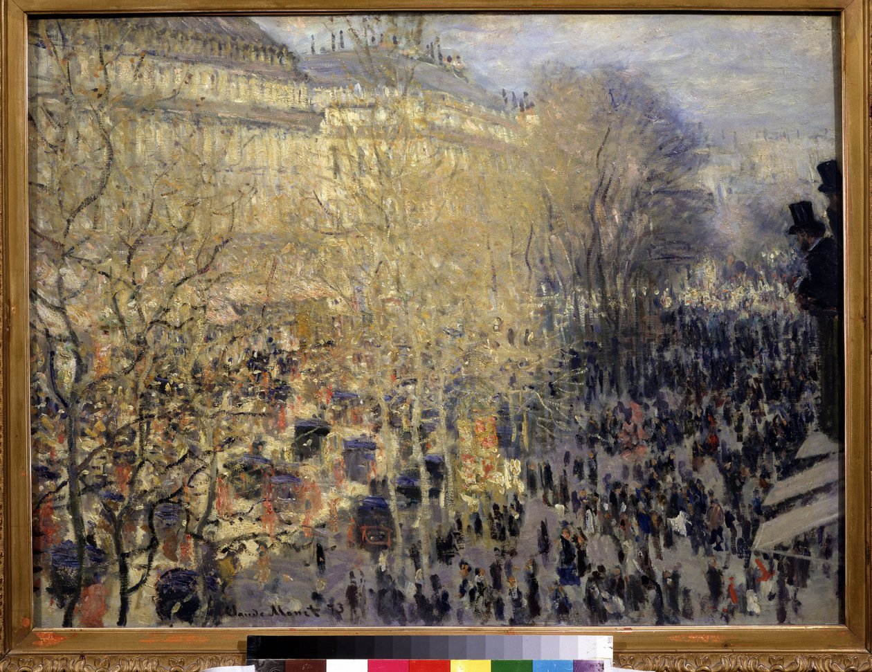 ""Le boulevard des Capucines"" Skare af forbipasserende og trafik i operakvarteret i Paris. Maleri af Claude Monet (1840-1926). Olie på lærred. impressionisme. 1873. Størrelse 61x80 cm Pushkin Museum, Moskva af Claude Monet