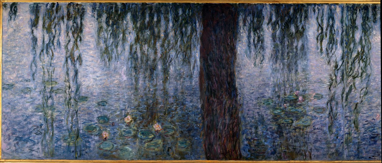 Les Nympheas; om morgenen klar med piletræer (venstre del af triptykonolie på træ 200 x 425 cm), sd. 1914-1926. af Claude Monet (1840-1926). Musee de l