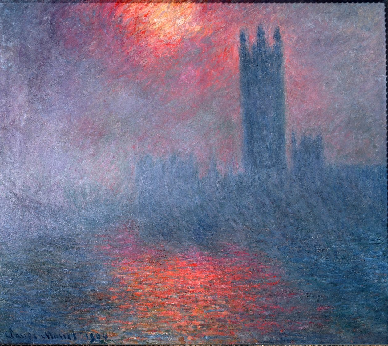 London, Parlamentet, solskin i tågen af Claude Monet